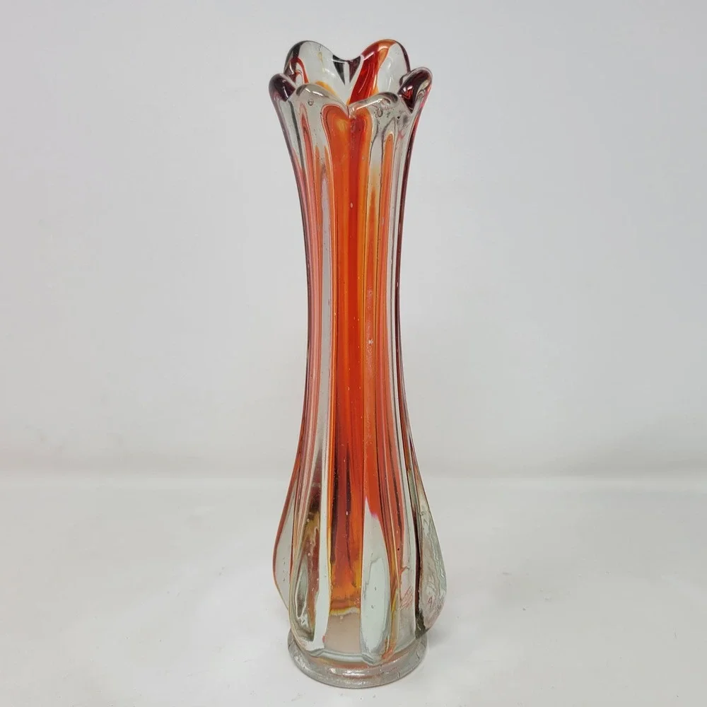 Vintage Mid Century Modern Orange Red Art Swung Glass Bud Vase 9.5 Inch